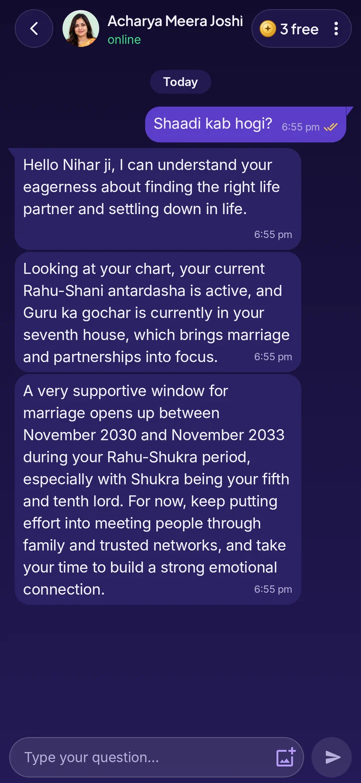 A chat with Acharya Meera Joshi, an AI astrologer, about when marriage is likely, answered from the user's dasha and transits